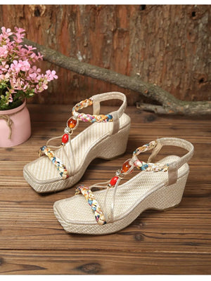 Bohemian Floral Beaded Wedge Sandals - minbolu -
