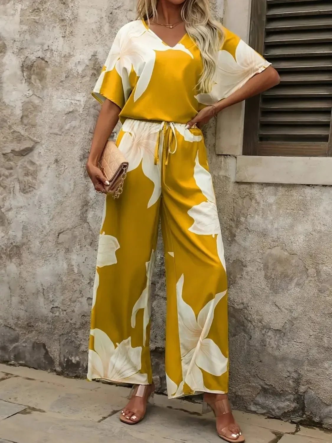 Bohemian Floral Wide Leg Pants Set - Festival V - Neck Two Piece - minbolu