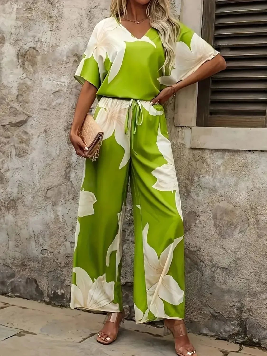 Bohemian Floral Wide Leg Pants Set - Festival V - Neck Two Piece - minbolu