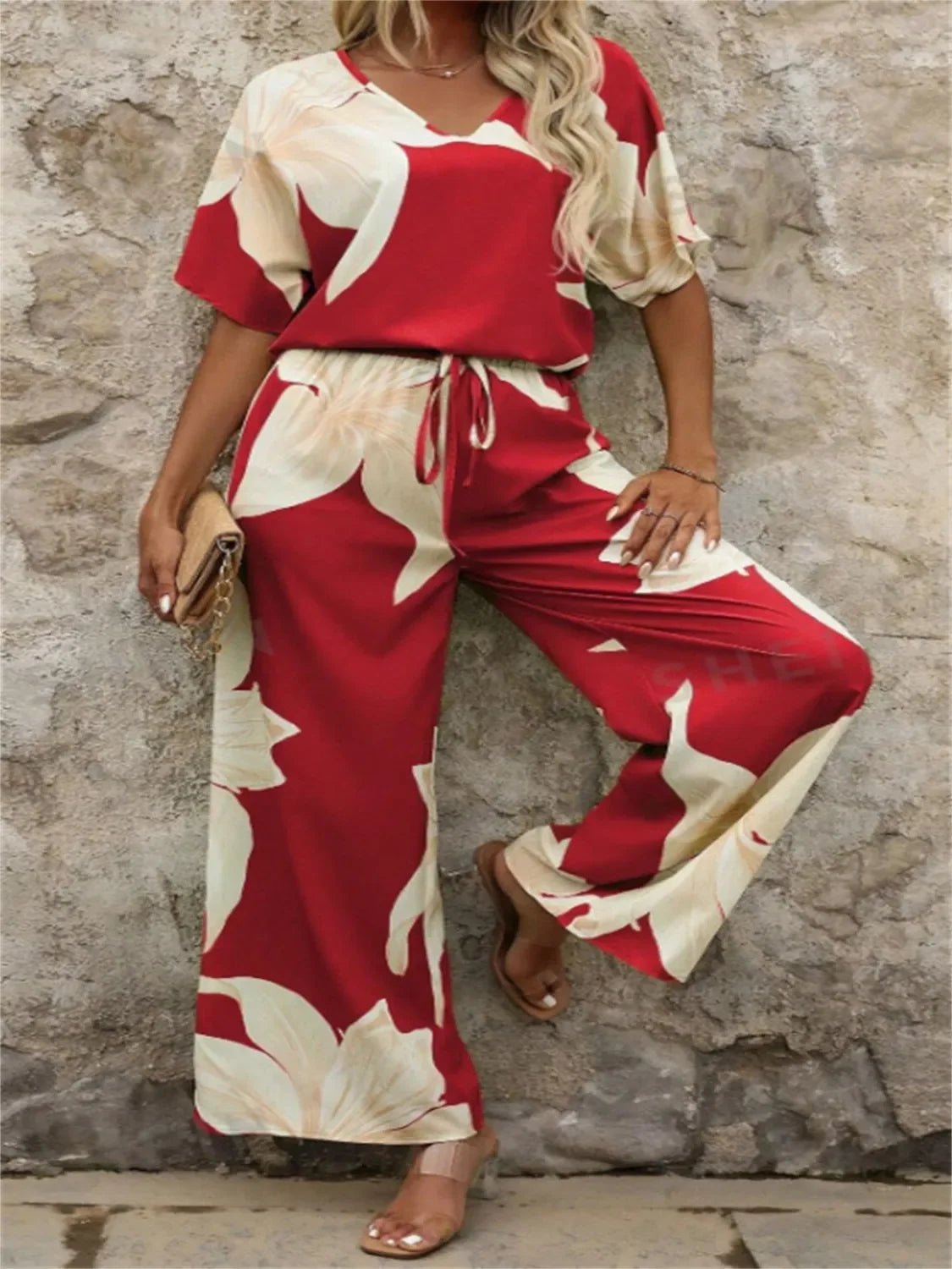 Bohemian Floral Wide Leg Pants Set - Festival V - Neck Two Piece - minbolu