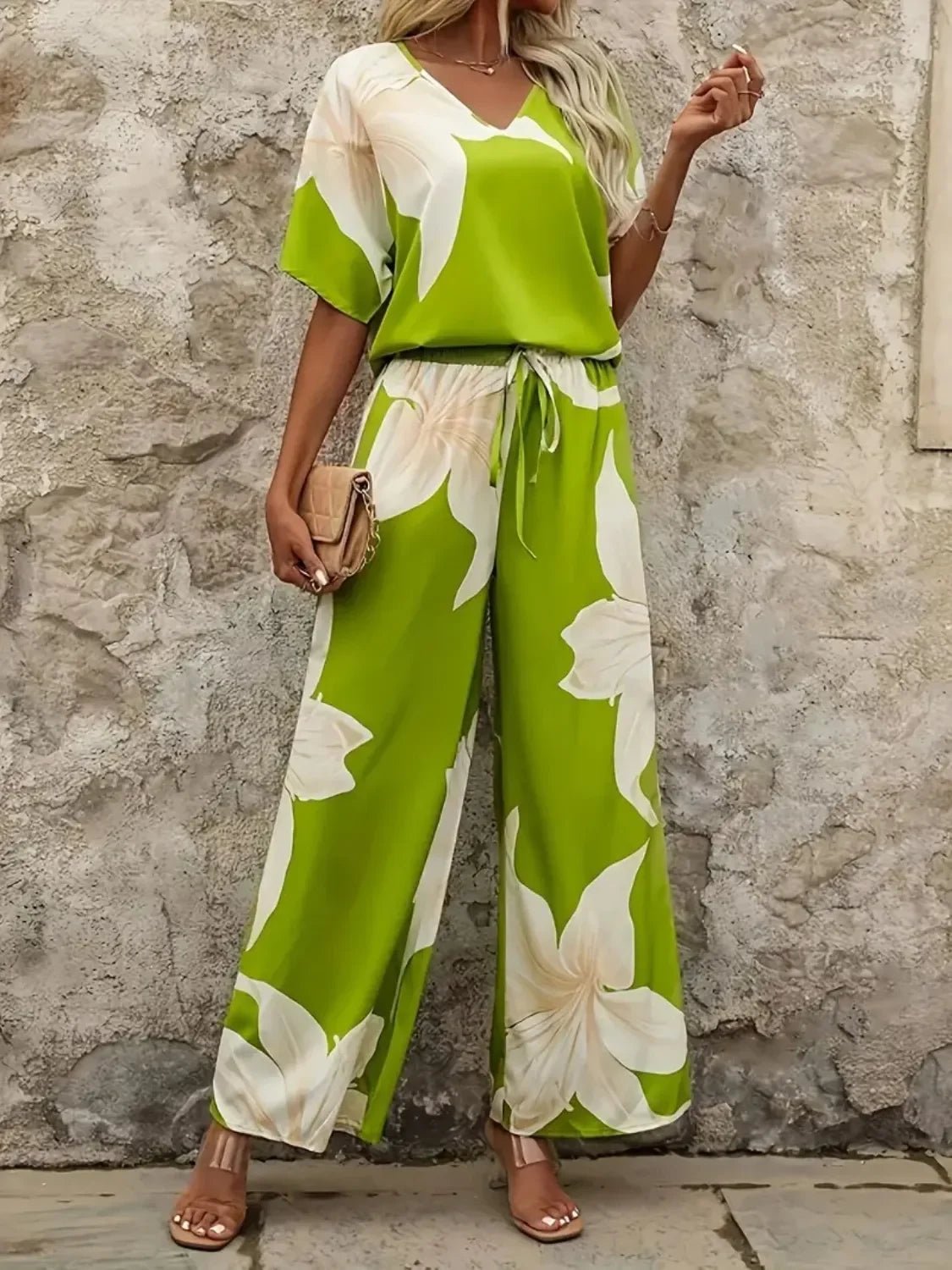 Bohemian Floral Wide Leg Pants Set - Festival V - Neck Two Piece - minbolu