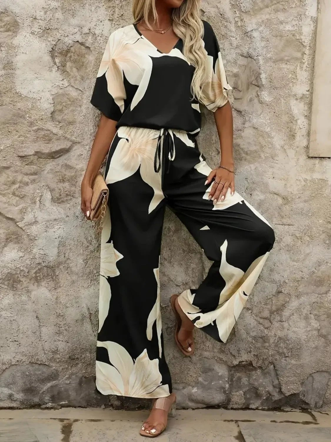 Bohemian Floral Wide Leg Pants Set - Festival V - Neck Two Piece - minbolu