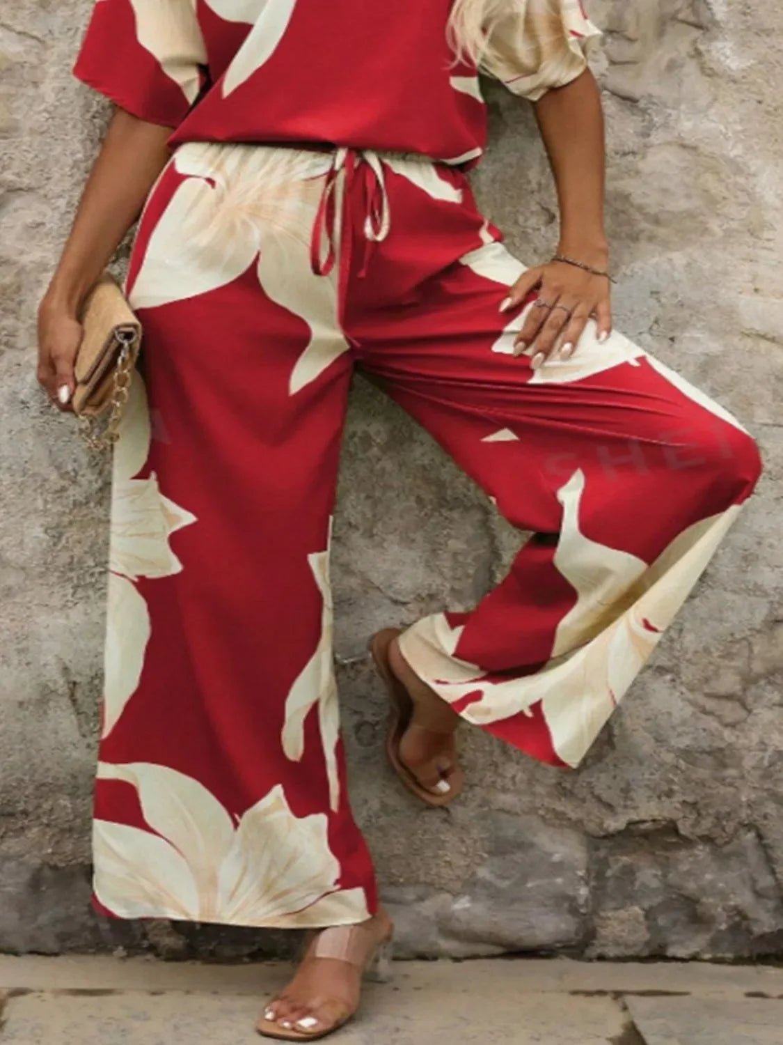 Bohemian Floral Wide Leg Pants Set - Festival V - Neck Two Piece - minbolu