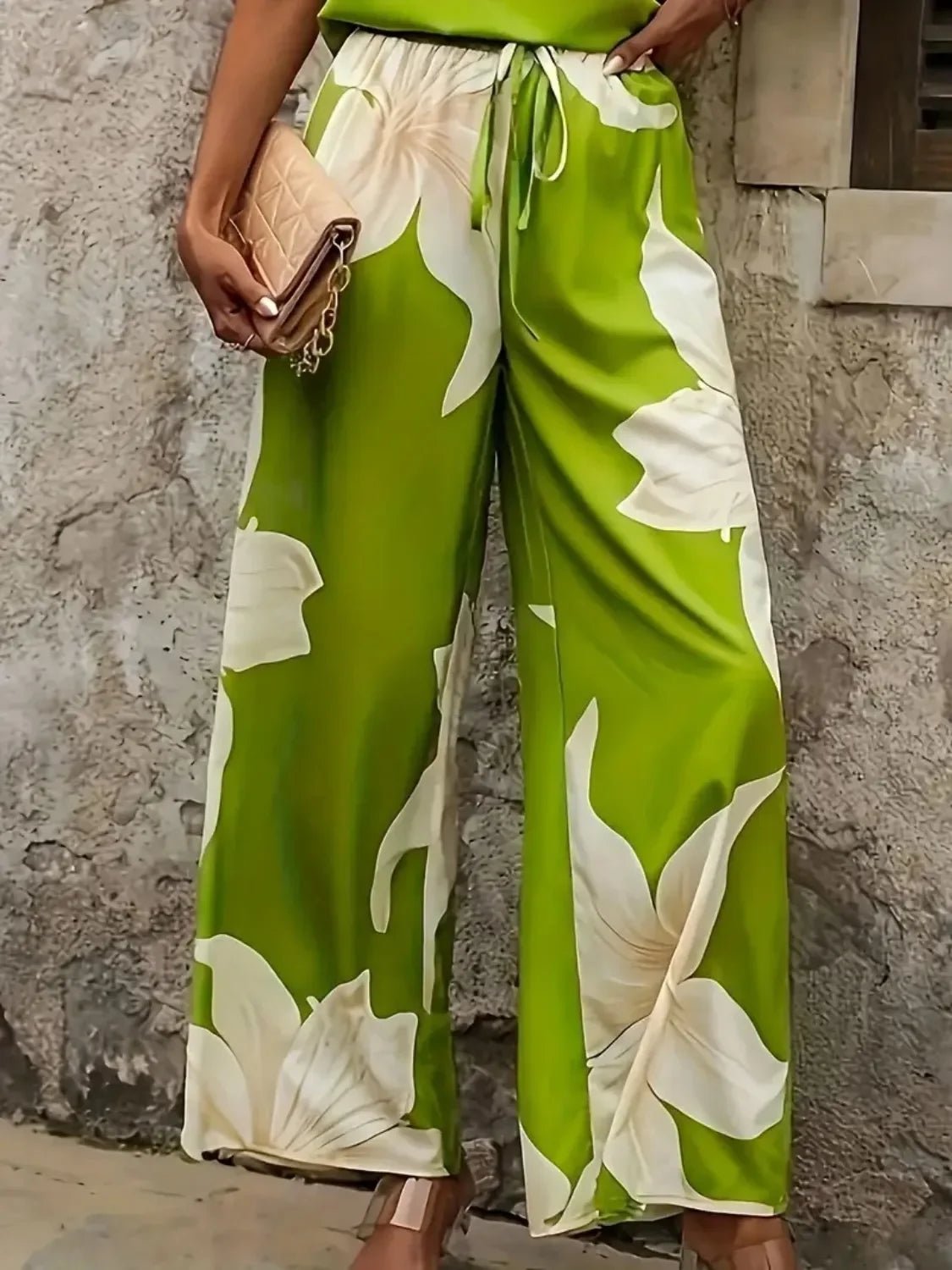 Bohemian Floral Wide Leg Pants Set - Festival V - Neck Two Piece - minbolu