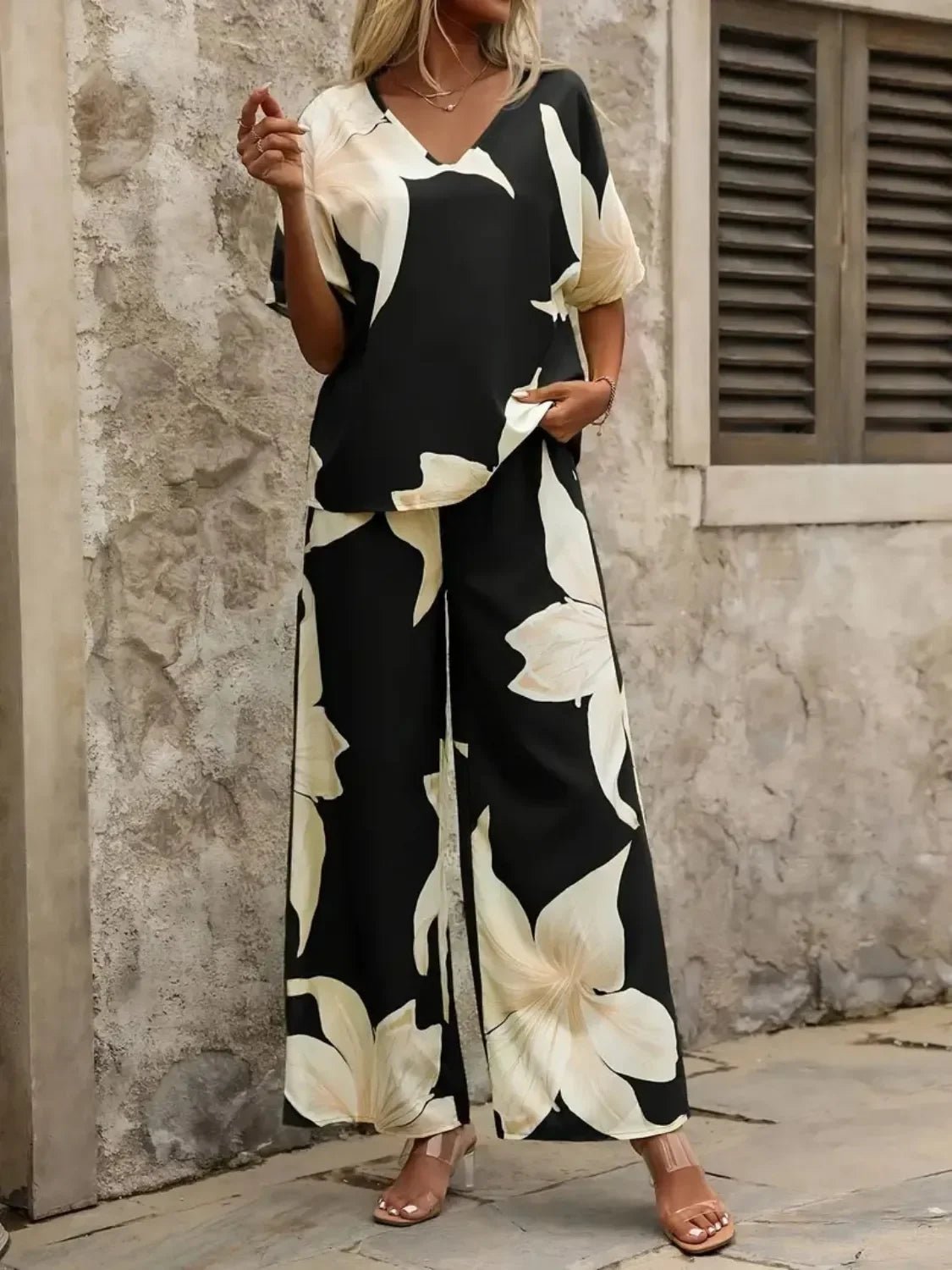 Bohemian Floral Wide Leg Pants Set - Festival V - Neck Two Piece - minbolu