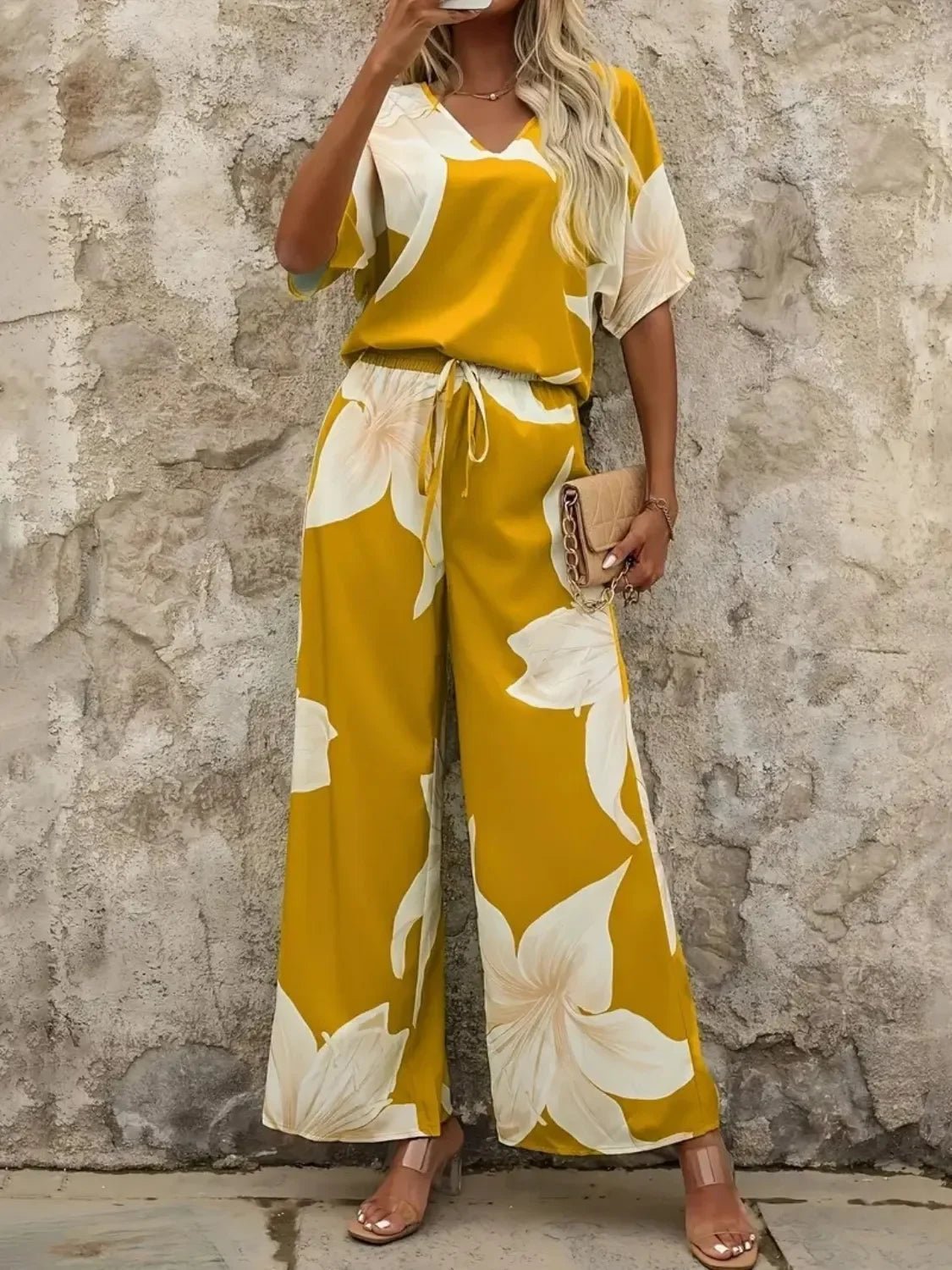 Bohemian Floral Wide Leg Pants Set - Festival V - Neck Two Piece - minbolu