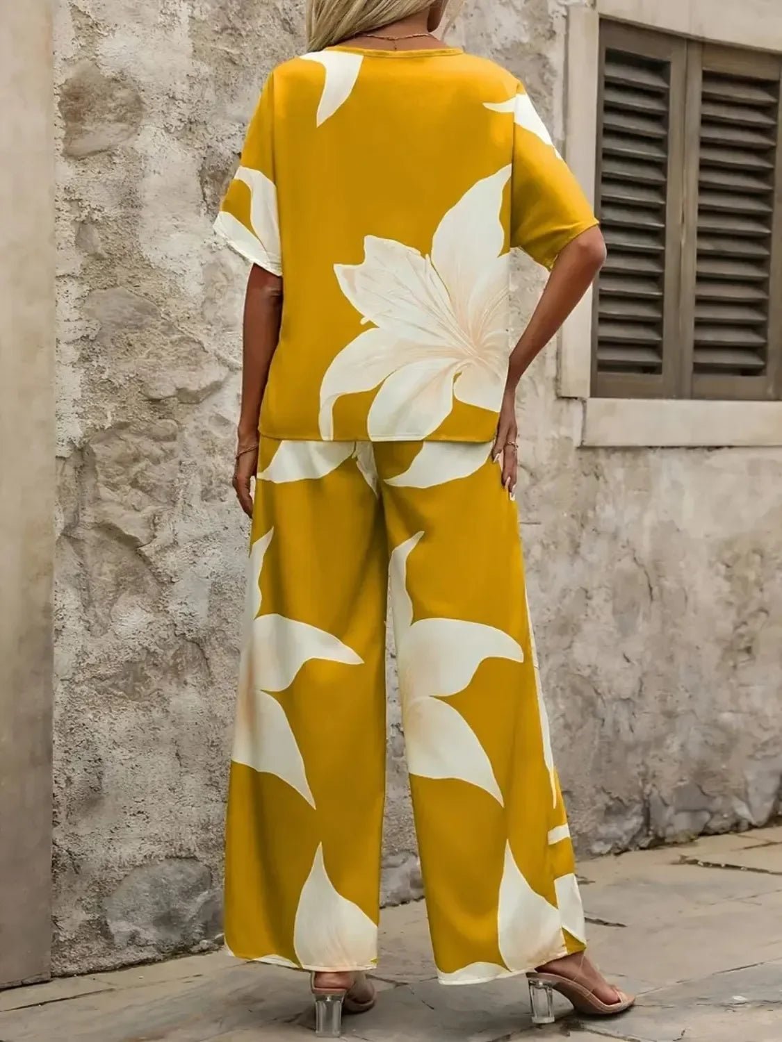 Bohemian Floral Wide Leg Pants Set - Festival V - Neck Two Piece - minbolu