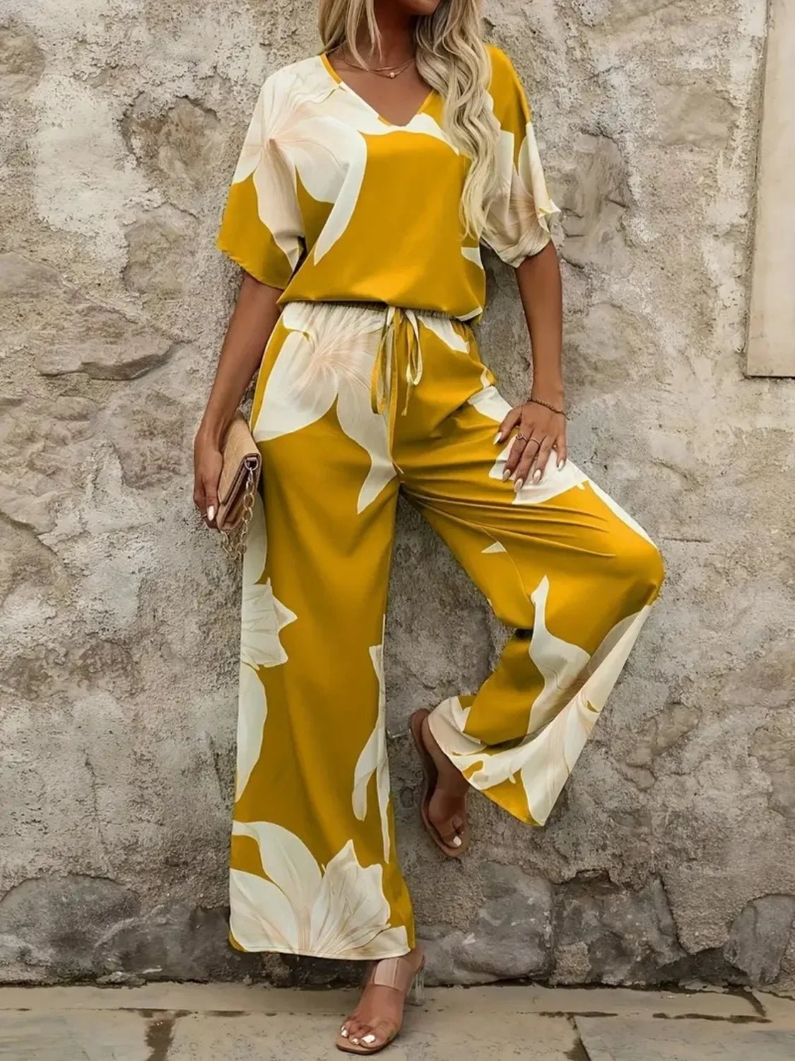 Bohemian Floral Wide Leg Pants Set - Festival V - Neck Two Piece - minbolu