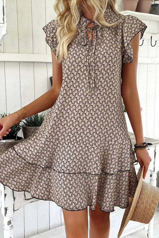 Bohemian Geometric Print V-Neck Mini Dress - Taupe Flutter Sleeve - minbolu -