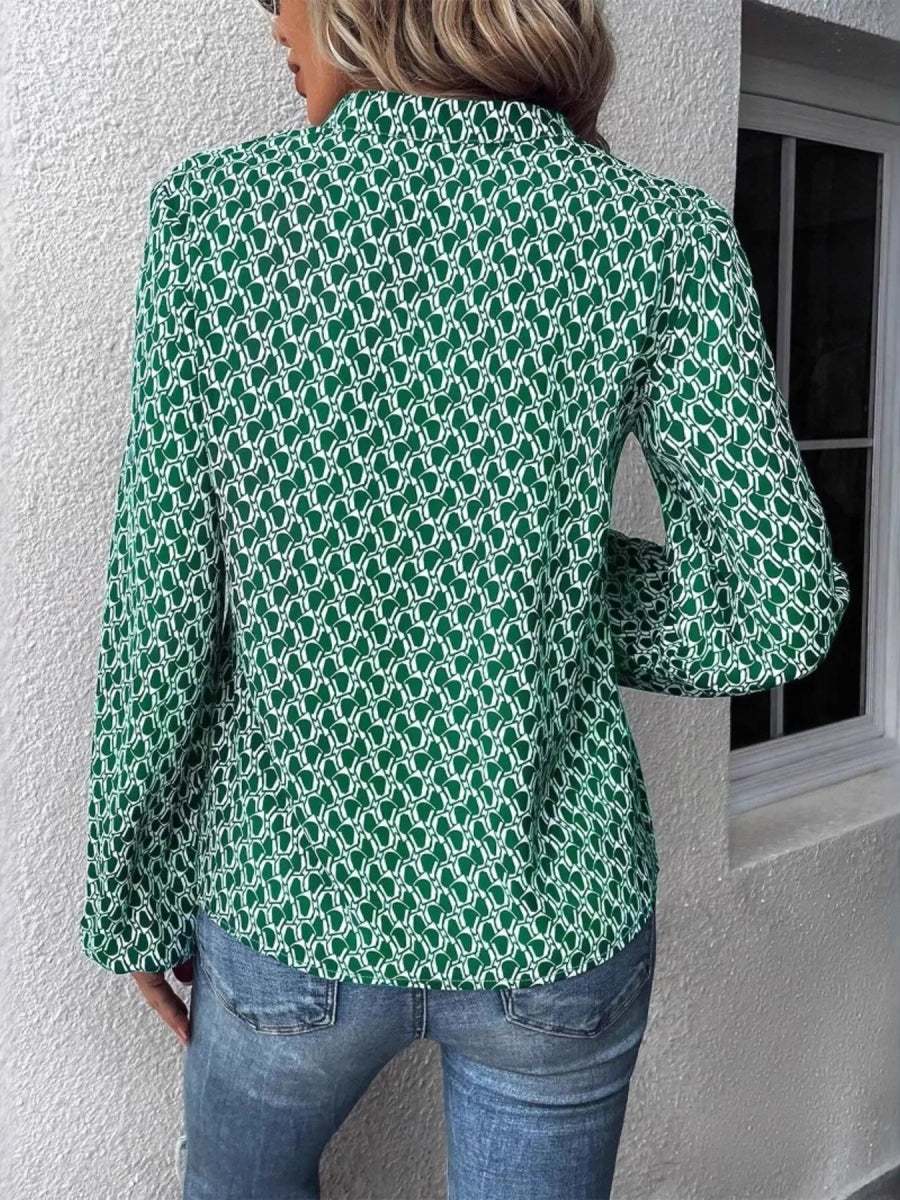 Bohemian Green Geometric Print Long Sleeve Blouse - Notched Collar - minbolu -