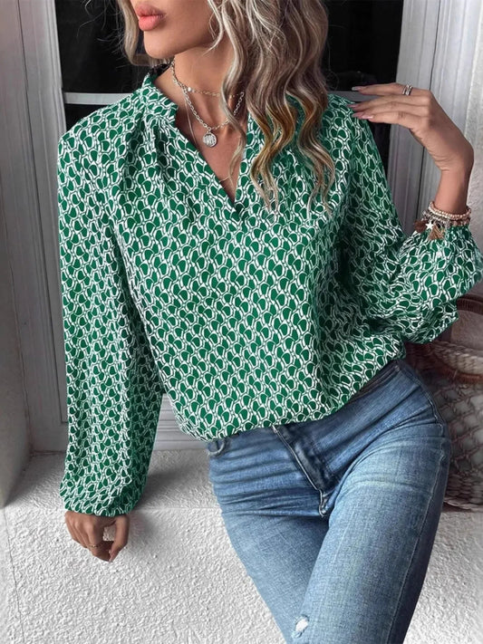 Bohemian Green Geometric Print Long Sleeve Blouse - Notched Collar - minbolu -