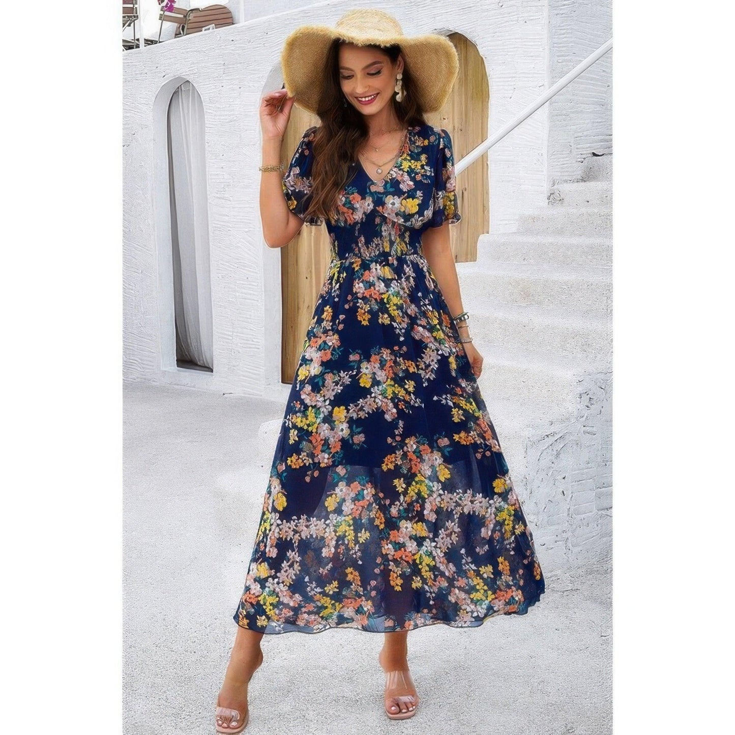 Boho Floral High Waist Maxi Dress - Lined Fit & Flare Style - minbolu