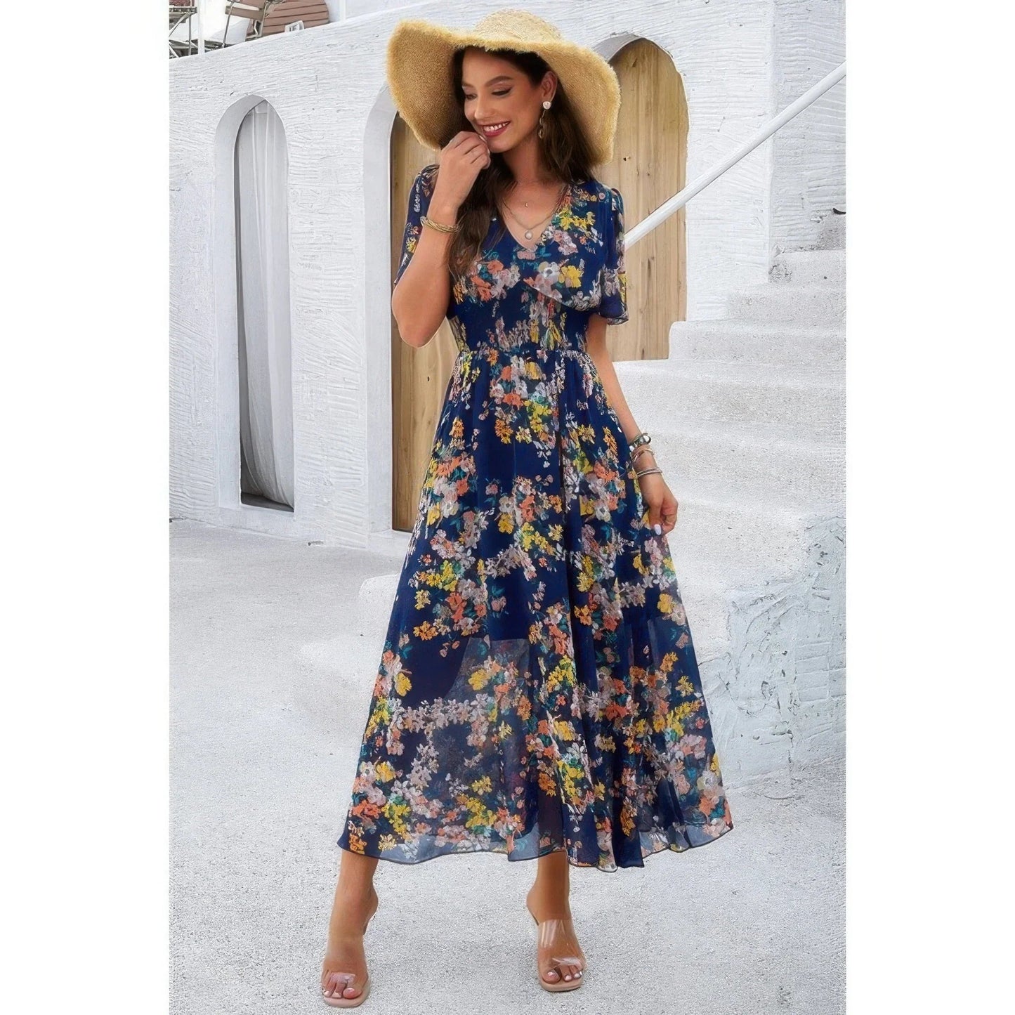 Boho Floral High Waist Maxi Dress - Lined Fit & Flare Style - minbolu
