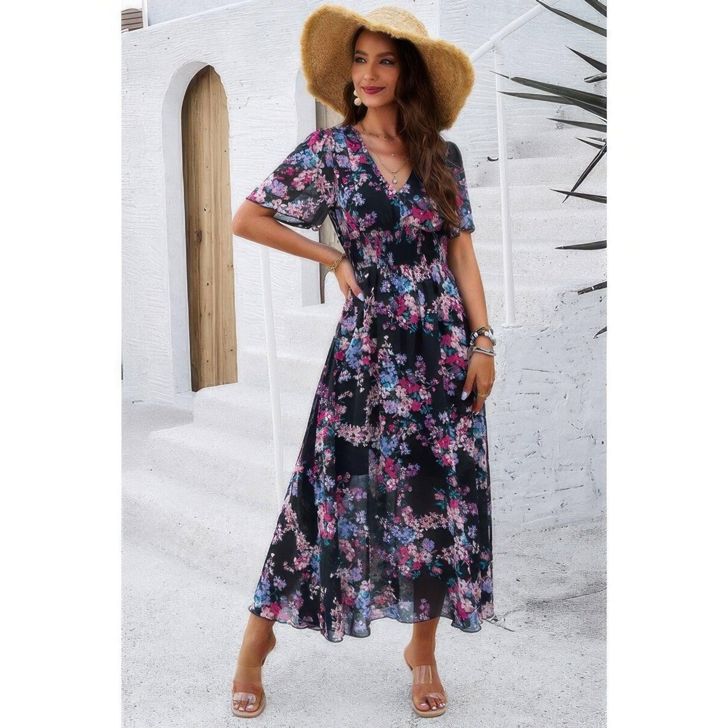 Boho Floral High Waist Maxi Dress - Lined Fit & Flare Style - minbolu