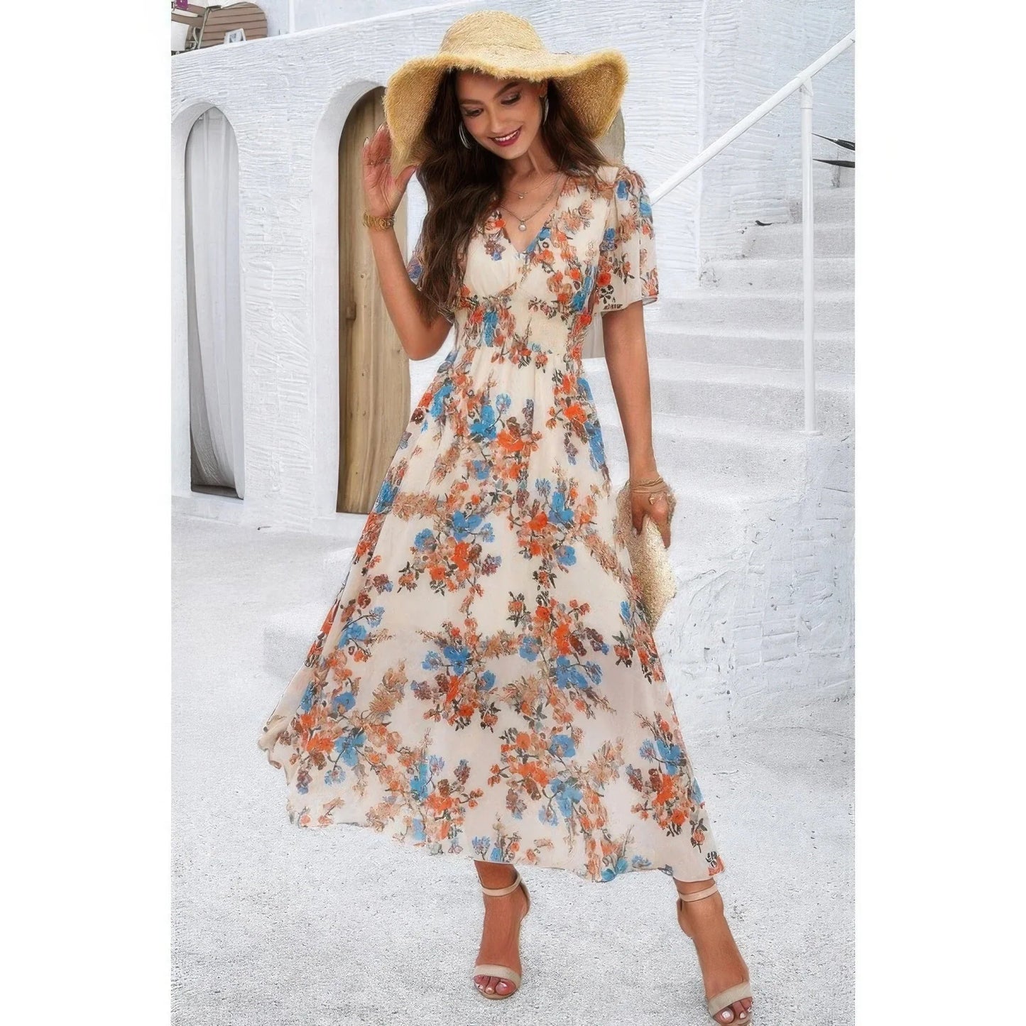 Boho Floral High Waist Maxi Dress - Lined Fit & Flare Style - minbolu
