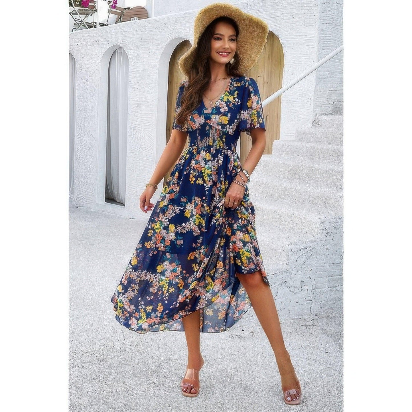 Boho Floral High Waist Maxi Dress - Lined Fit & Flare Style - minbolu