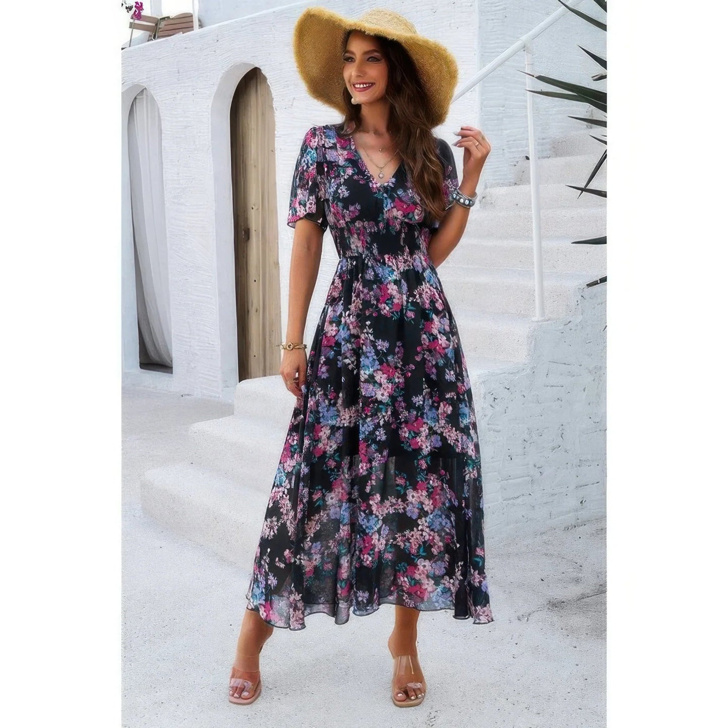 Boho Floral High Waist Maxi Dress - Lined Fit & Flare Style - minbolu