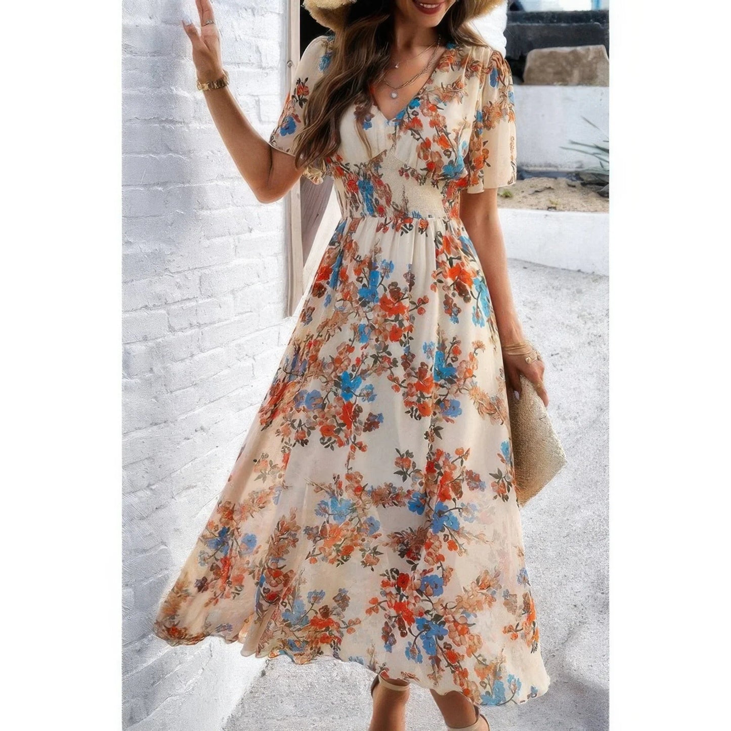 Boho Floral High Waist Maxi Dress - Lined Fit & Flare Style - minbolu