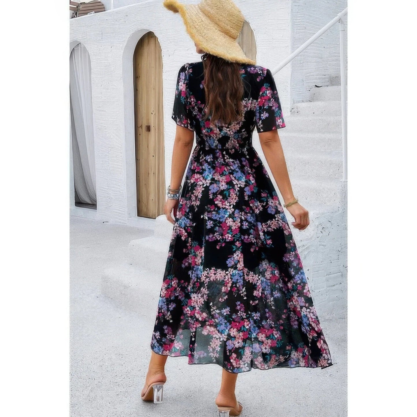 Boho Floral High Waist Maxi Dress - Lined Fit & Flare Style - minbolu