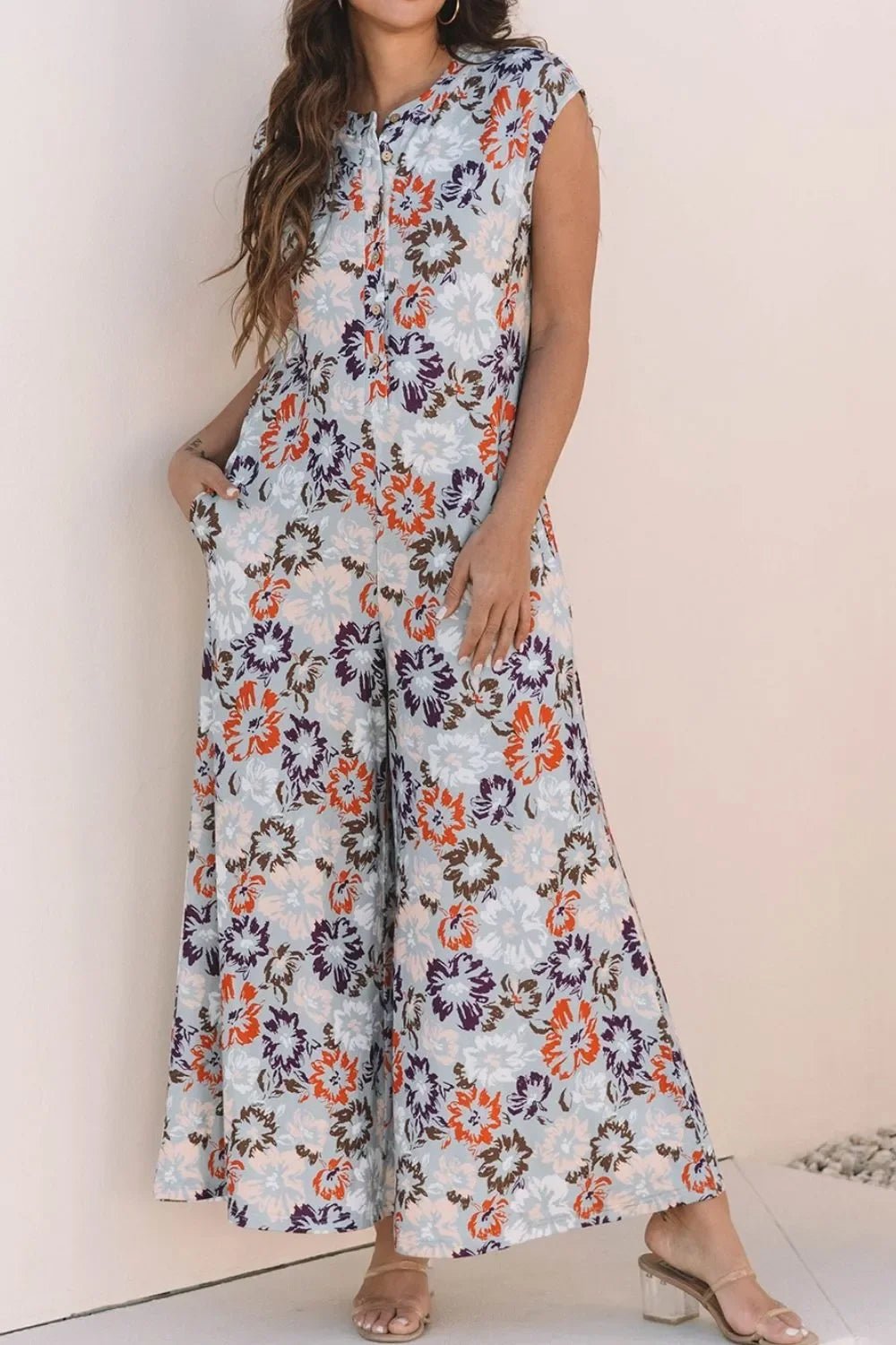 Boho Jumpsuit - Floral Sleeveless Button Front Wide Leg Women's Jumpsuit - minbolu