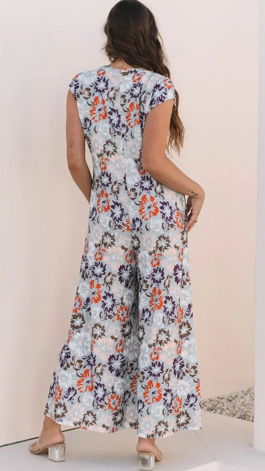 Boho Jumpsuit - Floral Sleeveless Button Front Wide Leg Women's Jumpsuit - minbolu