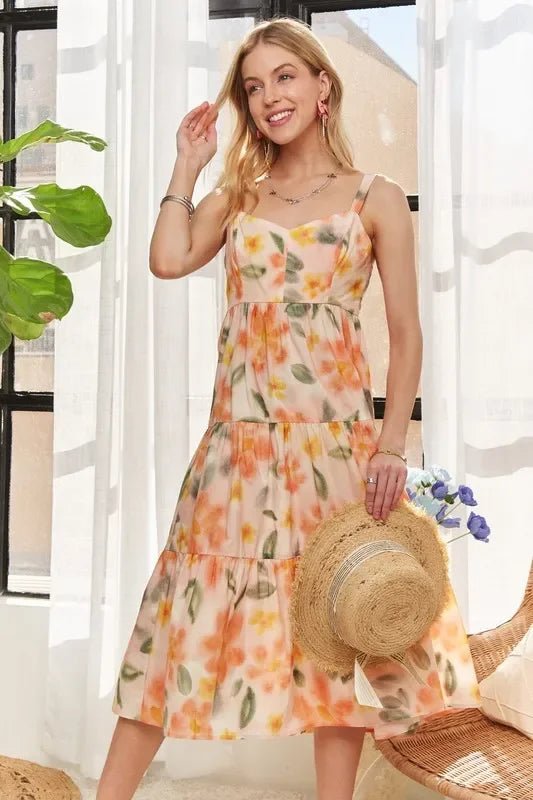 Boho Midi Dress - ADORA Smocked Back Floral Adjustable Strap Women's Dress - minbolu -