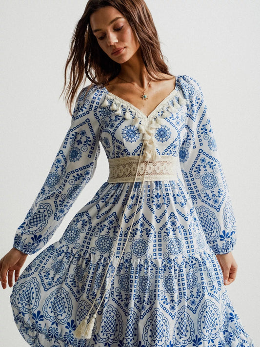 Bohemian Print Midi Dress with Tassel Detail - minbolu -