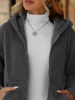 Boho Outerwear - Women's Textured Knit Zip-Up Hooded Jacket - minbolu -