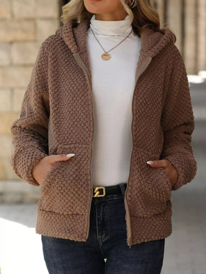 Boho Outerwear - Women's Textured Knit Zip-Up Hooded Jacket - minbolu -