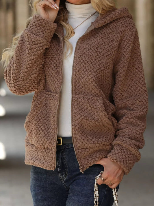 Boho Outerwear - Women's Textured Knit Zip-Up Hooded Jacket - minbolu -