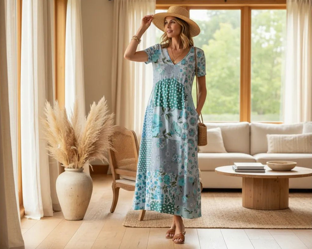 Woman in a floral dress standing in a bright living room with large windows.