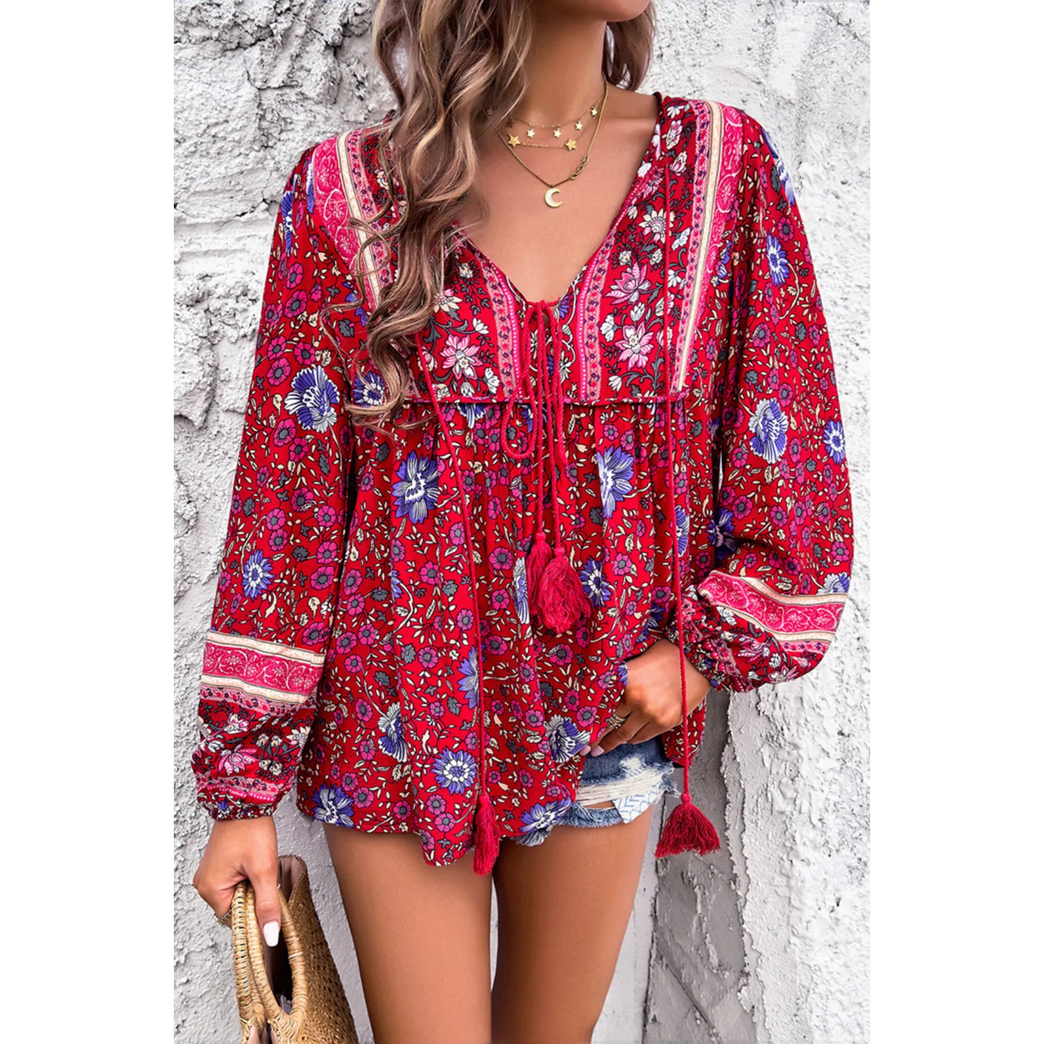 Red Bohemian Floral Print Tassel Tie Front Long Sleeve Blouse