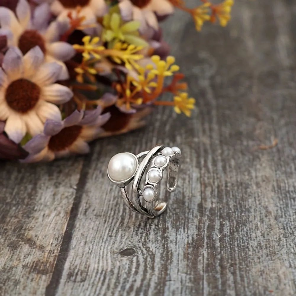Alloy Three-Layered Open Ring - minbolu -silver and synthetic pearl