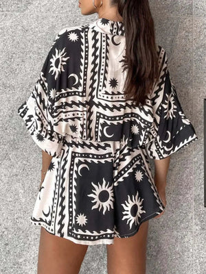 Boho Romper - Printed Tie Waist Half Sleeve Celestial Romper - minbolu -