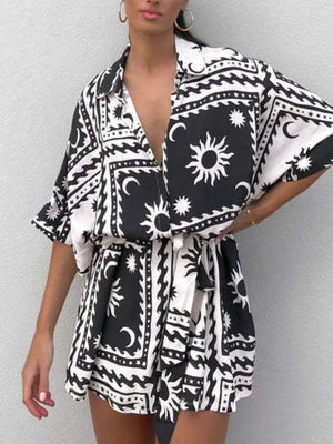 Boho Romper - Printed Tie Waist Half Sleeve Celestial Romper - minbolu -