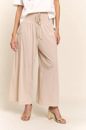 Boho Smocked Waist Wide Leg Pants with Pockets - minbolu -