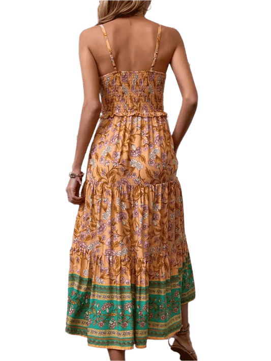 Boho Square Neck Midi Dress - minbolu -