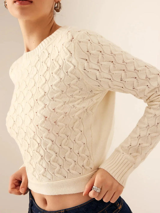 Boho Sweater - Cutout Bow Back Cable Knit Round Neck Top - minbolu -