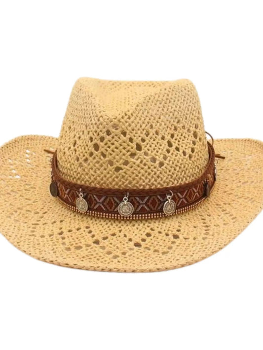 Boho Woven Cowboy Hat - Lightweight Denim Western Hat with Charm Detail - minbolu -