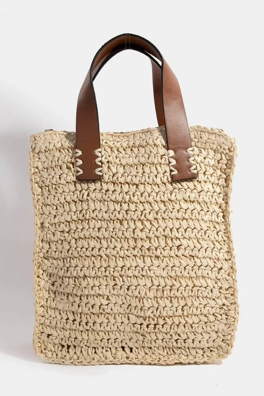Braided Handbag - Natural Straw Tote with Faux Leather Handles - minbolu -
