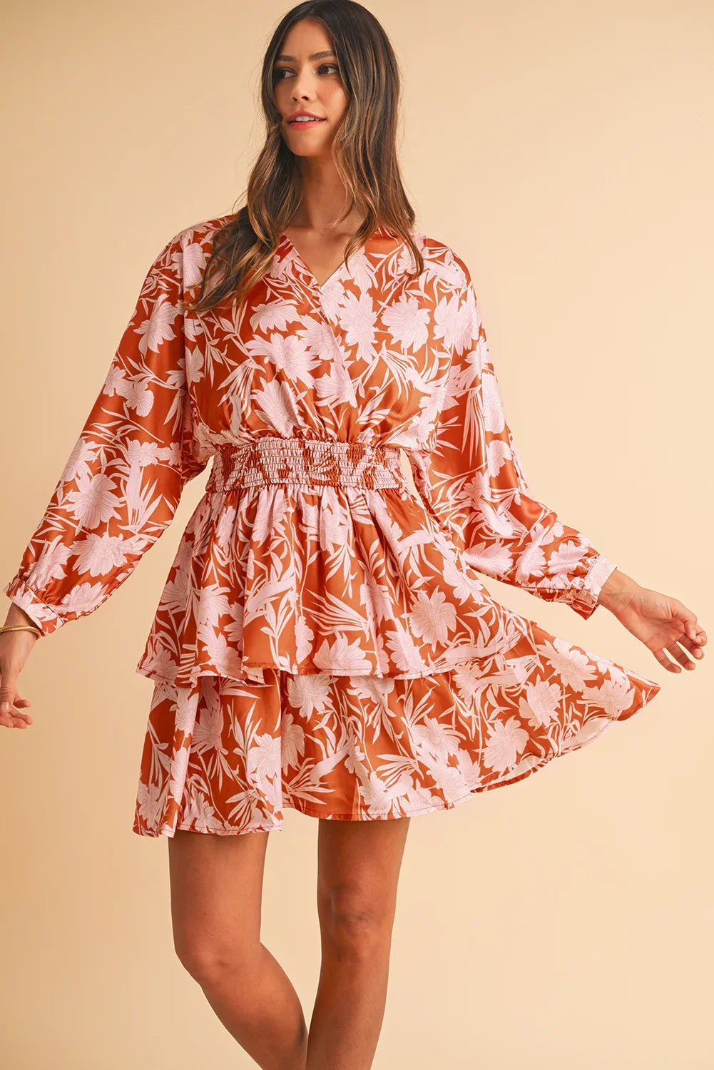 Brown Floral Puff Sleeve Shirred Waist Layered Dress - minbolu