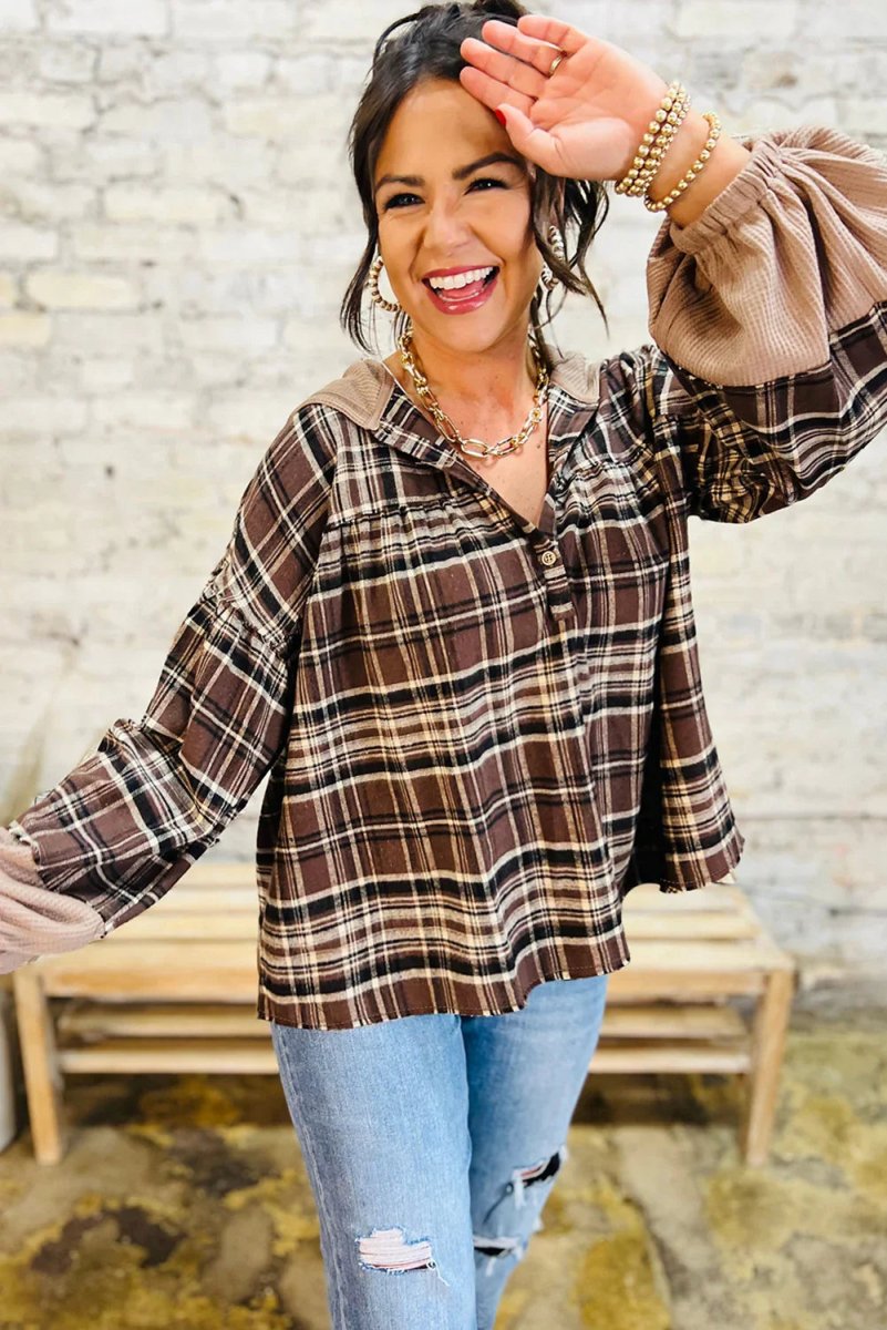 Brown Plaid Waffle Patchwork Long Sleeve Henley Hooded Top - minbolu -