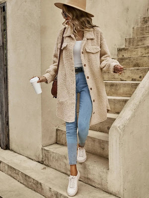 Button-Down Coat - Collared Long Sleeve Outerwear - minbolu -