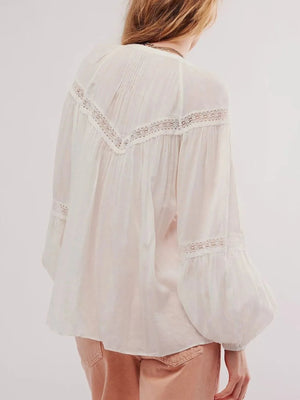 Button-Down Lace Trim Balloon Sleeve Blouse - minbolu -