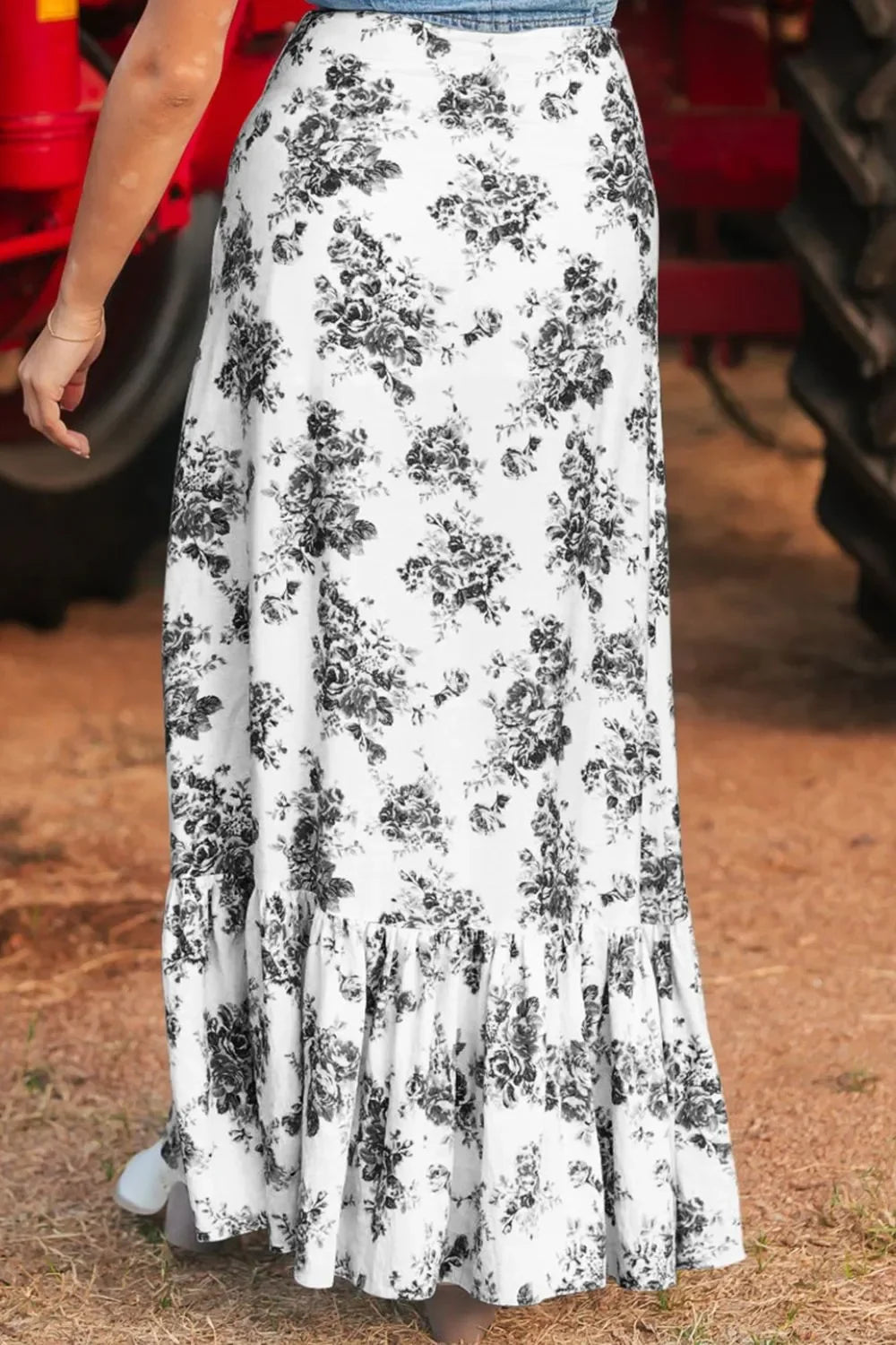 Boho Floral High Waist Ruffle Split Maxi Skirt - minbolu -