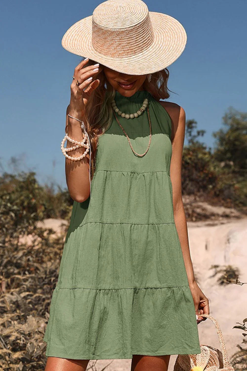 Sleeveless Tiered Ruffle Collar Dress - minbolu -