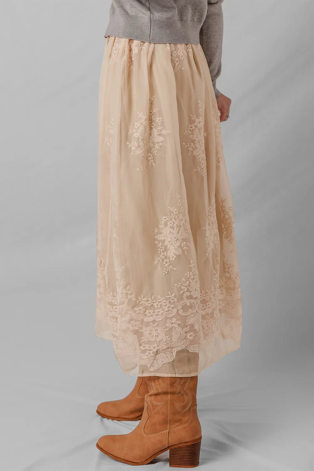 Oatmeal Embroidered Mesh Overlay Flowy Long Skirt - minbolu -