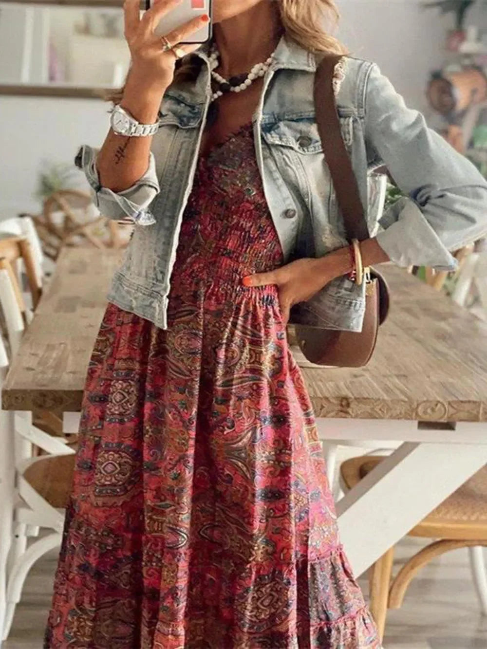 Full Size Smocked Printed V-Neck Short Sleeve Dress - minbolu -