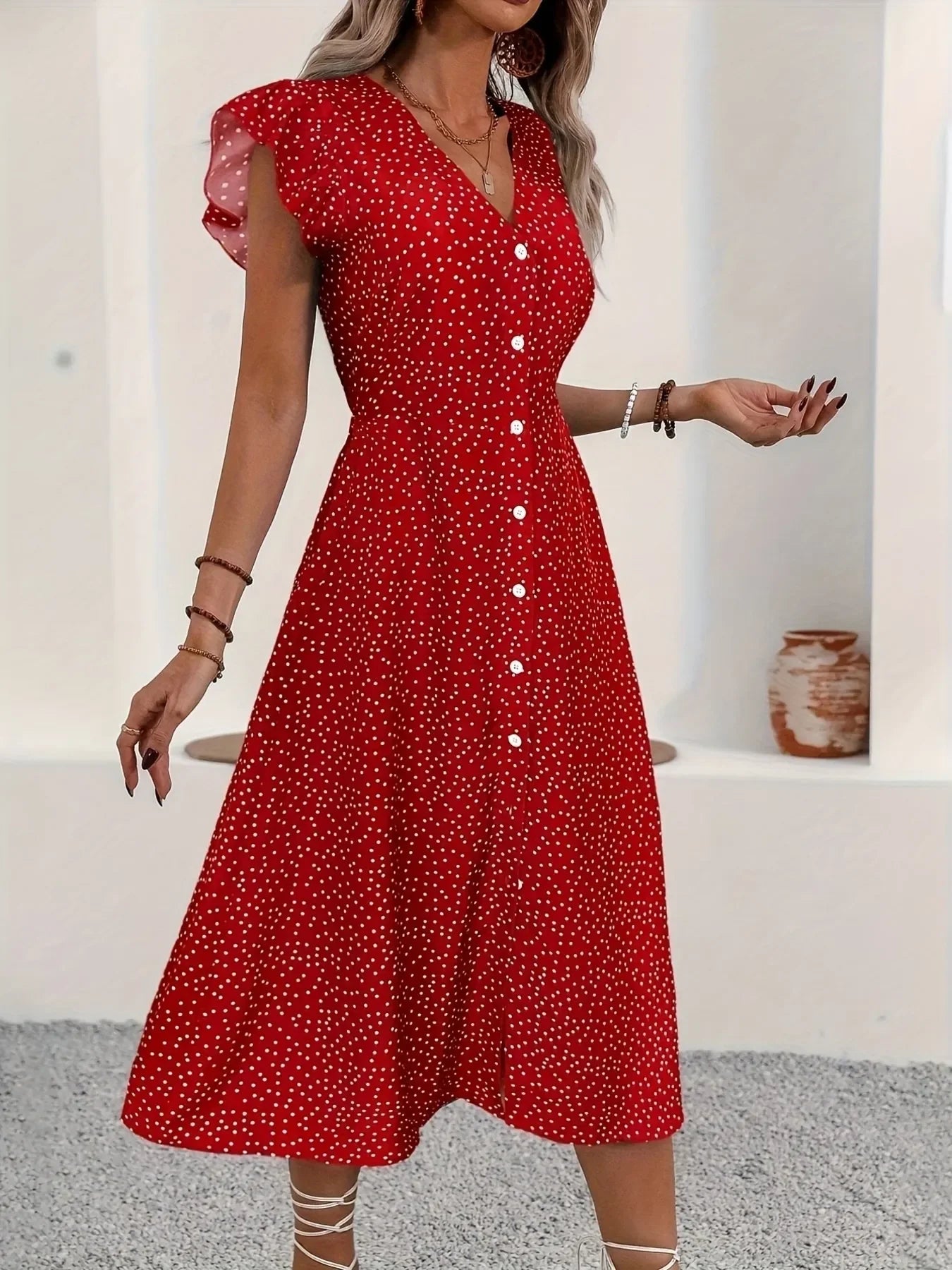 Button-Front Midi Dress with Ruffle Sleeves - minbolu -