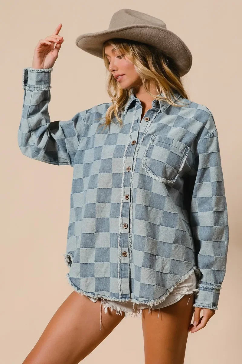 BiBi Frayed Edged Detail Washed Checker Denim Shirt - minbolu -